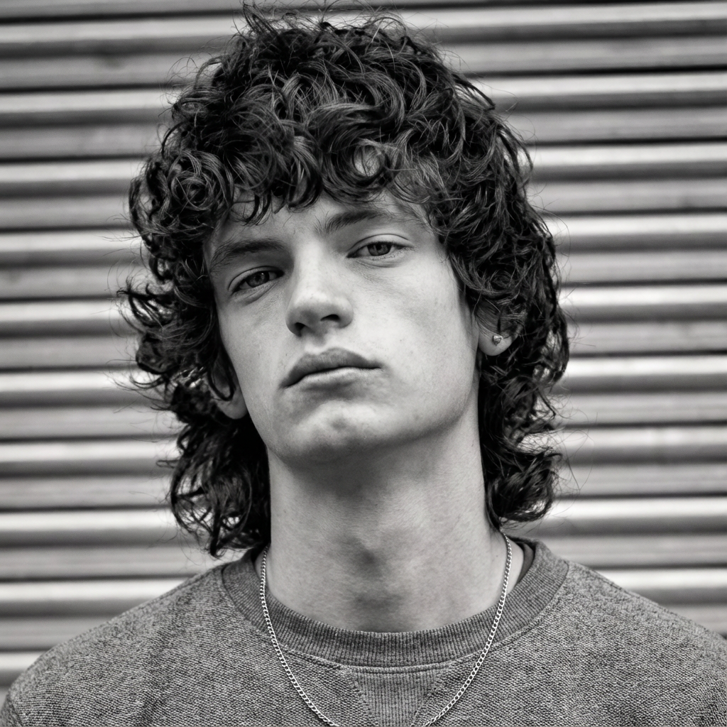 Black-and-white close-up of man wearing textured curly shag mullet with tousled fringe generated by blondefilter.net