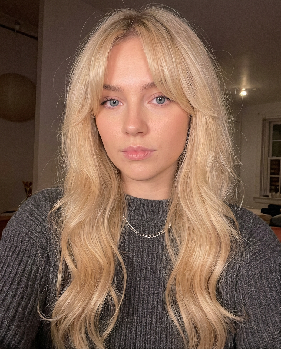 Front close-up portrait of a man with classic curtained hair parted down the middle, softly framing his face, generated by blondefilter.net