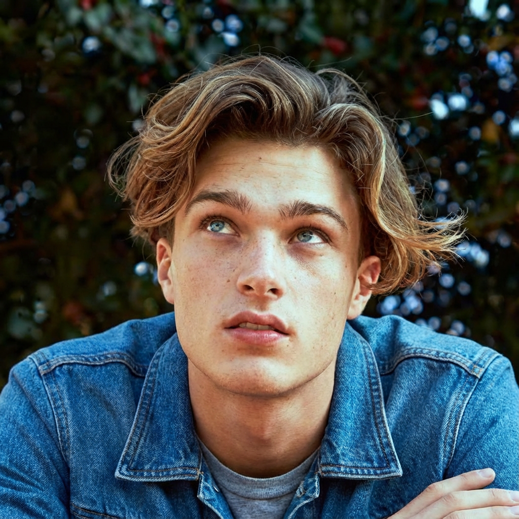 Close-up of layered curtained hair on a man, highlighting textured bangs and a soft middle part, generated by blondefilter.net