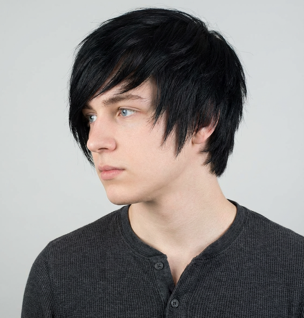 Studio close-up of a woman with a layered emo hairstyle and side-swept bangs generated by blondefilter.net