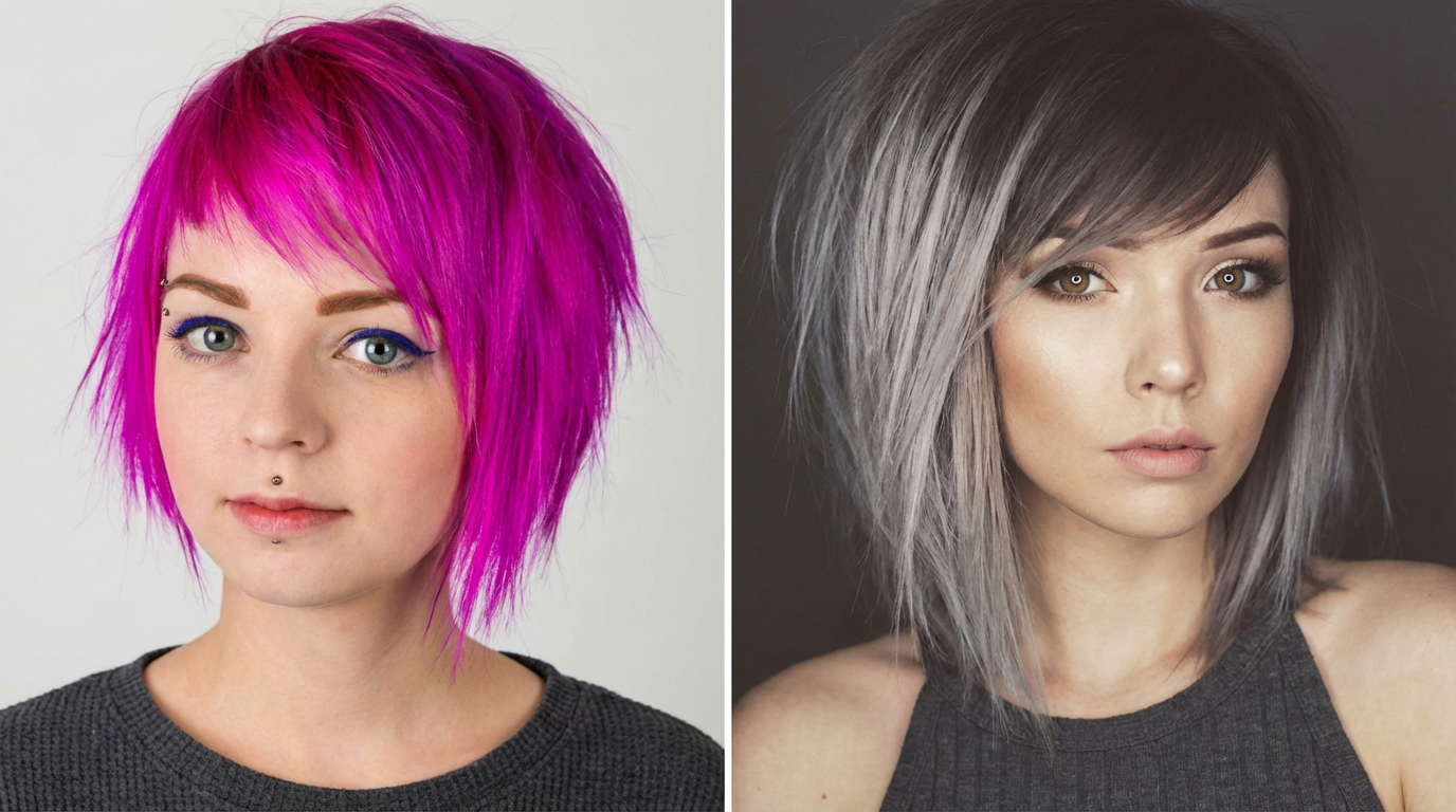 Three-quarter view of a woman with long emo hair and a dramatic fringe covering one eye generated by blondefilter.net