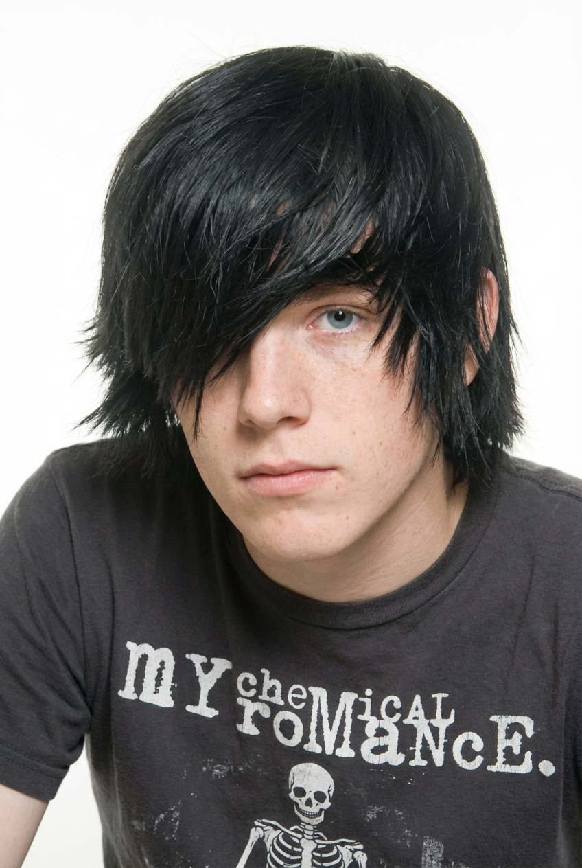 Front view of a woman wearing a voluminous emo hairstyle with choppy layers and side-swept bangs generated by blondefilter.net