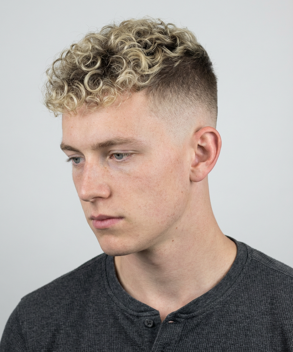 Young man with blonde curly top and high skin fade in a clean studio backdrop generated by blondefilter.net