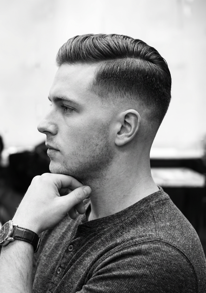 Monochrome profile of man sporting a classic comb-over with low skin fade generated by blondefilter.net