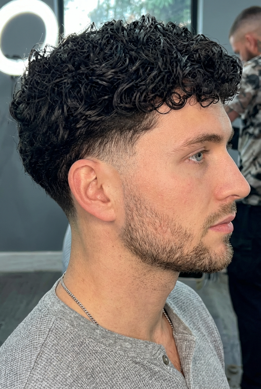 Side profile of man with dense curly top and low skin fade under studio light generated by blondefilter.net