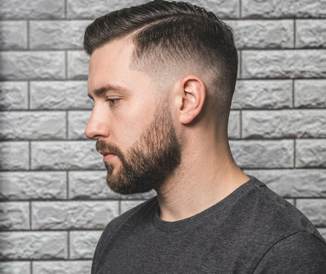 Profile view of man wearing a side-part fade with trimmed beard against a brick wall backdrop generated by blondefilter.net