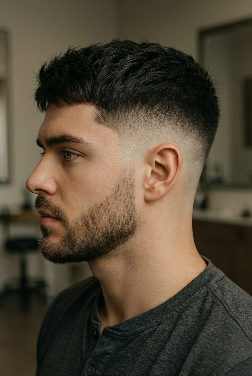 Close-up of man with textured crop and mid skin fade in a barbershop setting generated by blondefilter.net