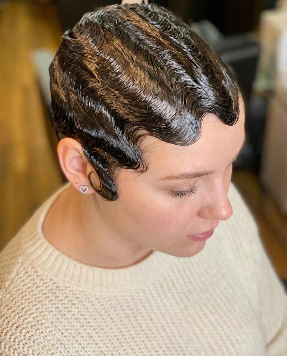 Close-up top view of woman with sleek wet-look finger waves on short dark hair in a salon setting generated by blondefilter.net