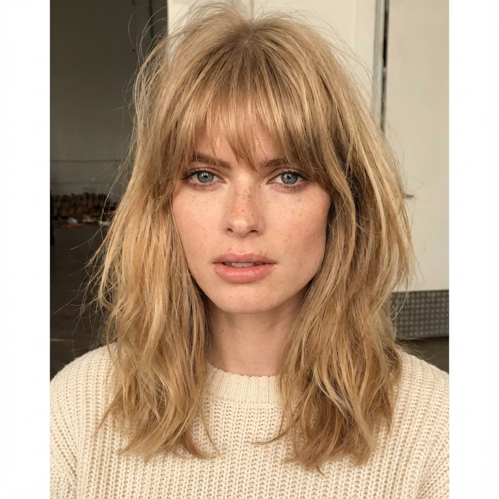 Before and after comparison showing how adding French bangs changes face framing and highlights the eyes generated by blondefilter.net