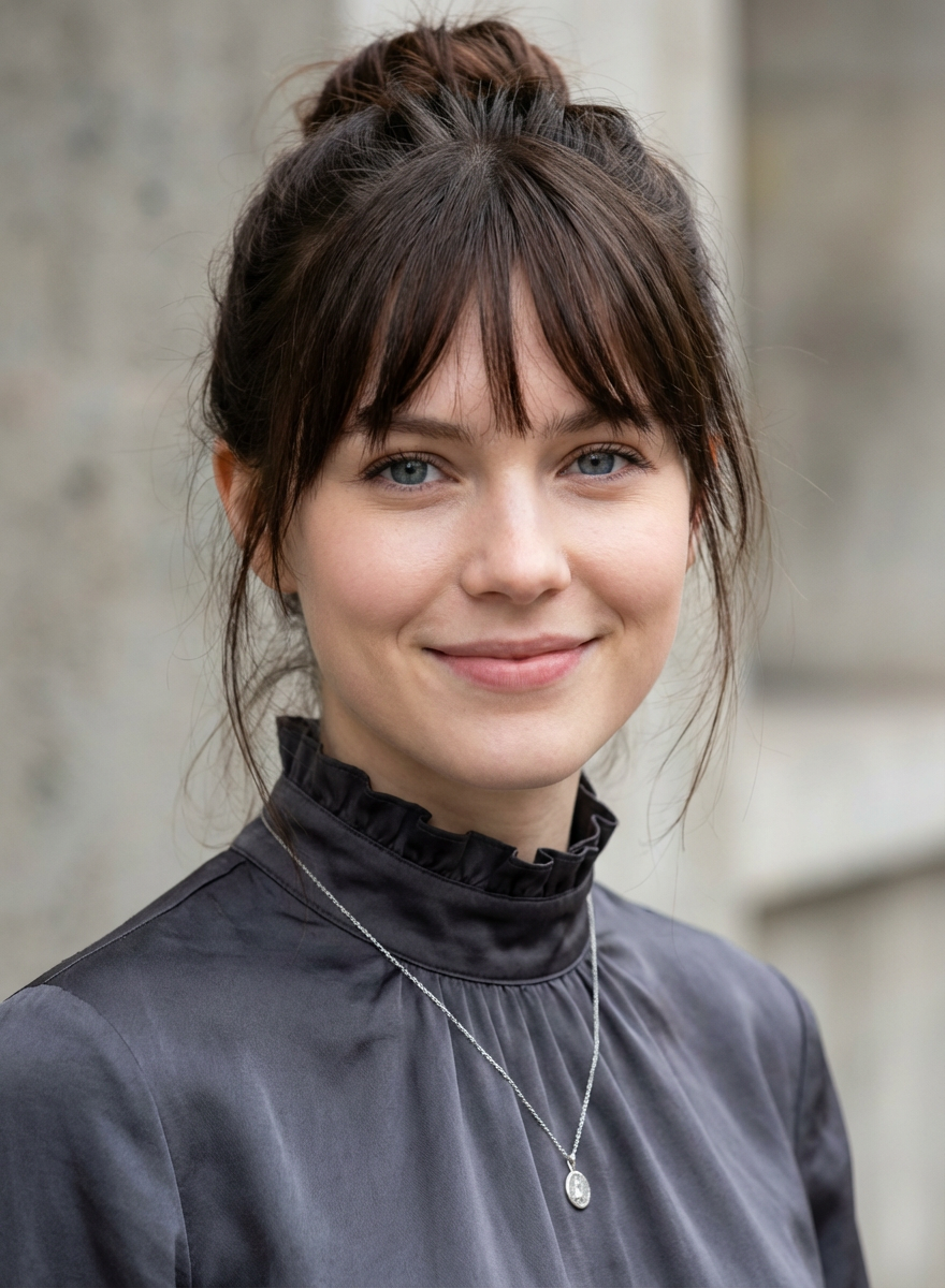 Woman with curly hair wearing French bangs that blend into face-framing curls for a romantic, boho finish generated by blondefilter.net