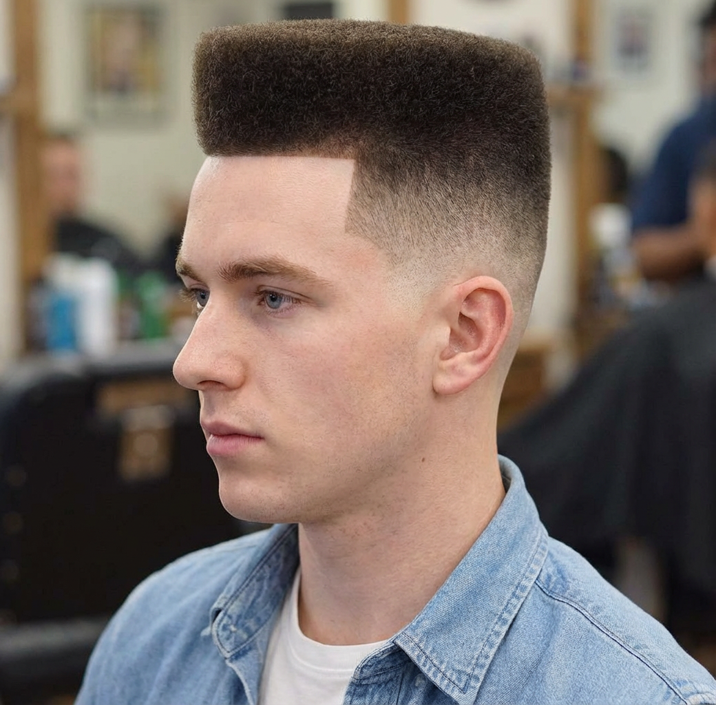 Barbershop side view of man wearing geometric flat hi-top fade in denim shirt generated by blondefilter.net