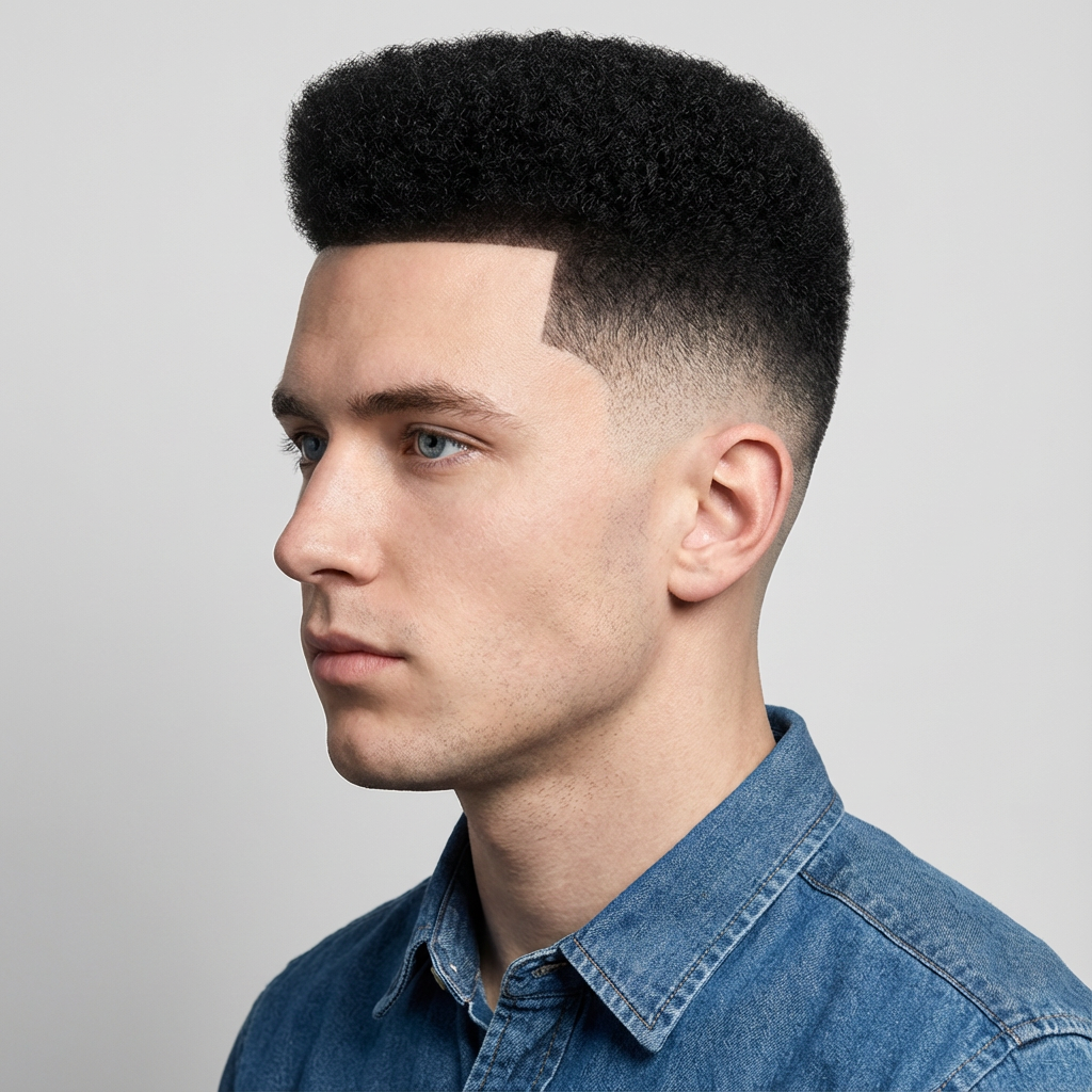 Clean studio portrait showing classic flat hi-top fade with sharp temple fade generated by blondefilter.net