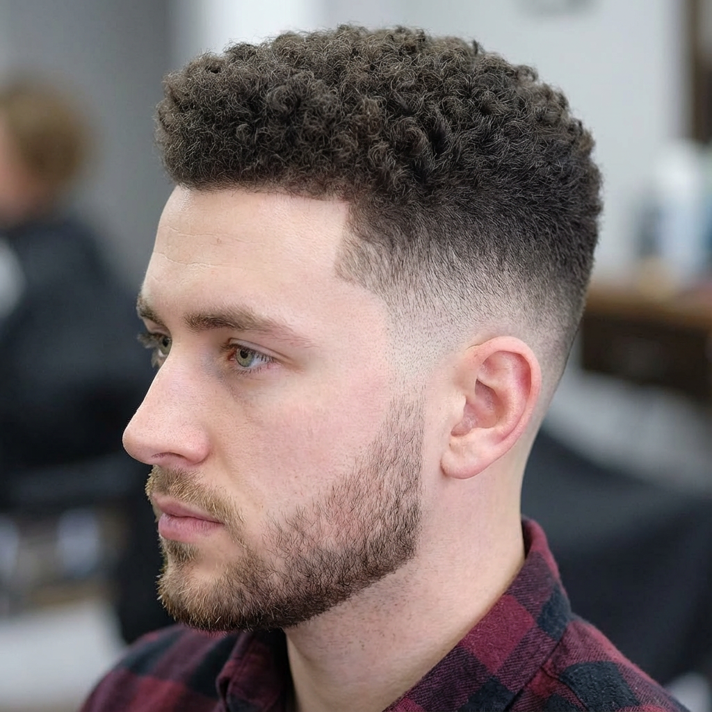 Side profile of man with curly hi-top fade and short beard lineup generated by blondefilter.net