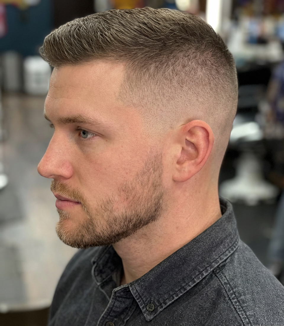 Side view of man wearing a classic high tight fade with a neat comb-over top and short beard, generated by blondefilter.net