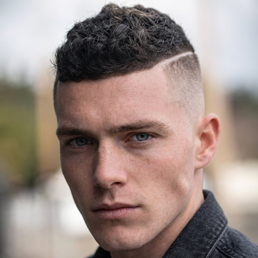 Close-up of man with defined curly high tight fade haircut and shaved hard part line, generated by blondefilter.net