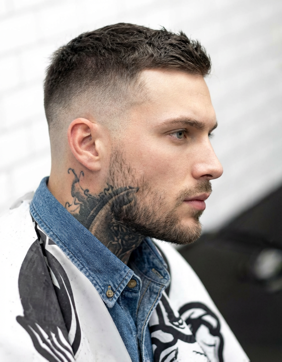 Close-up of man with sharp high tight skin fade haircut and trimmed beard in a barbershop setting, generated by blondefilter.net