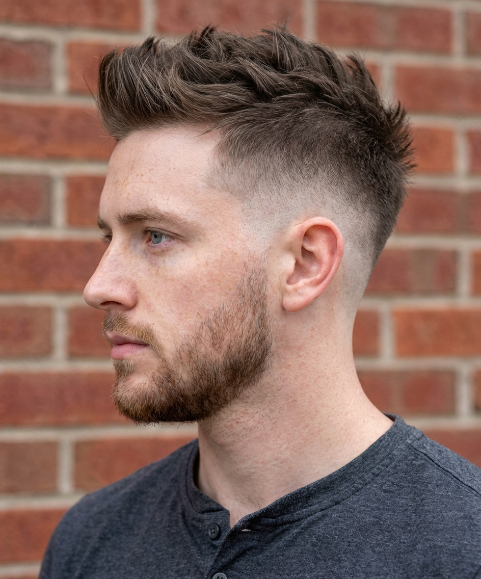 Side profile of man with textured high tight fade haircut and short beard against a brick wall, generated by blondefilter.net