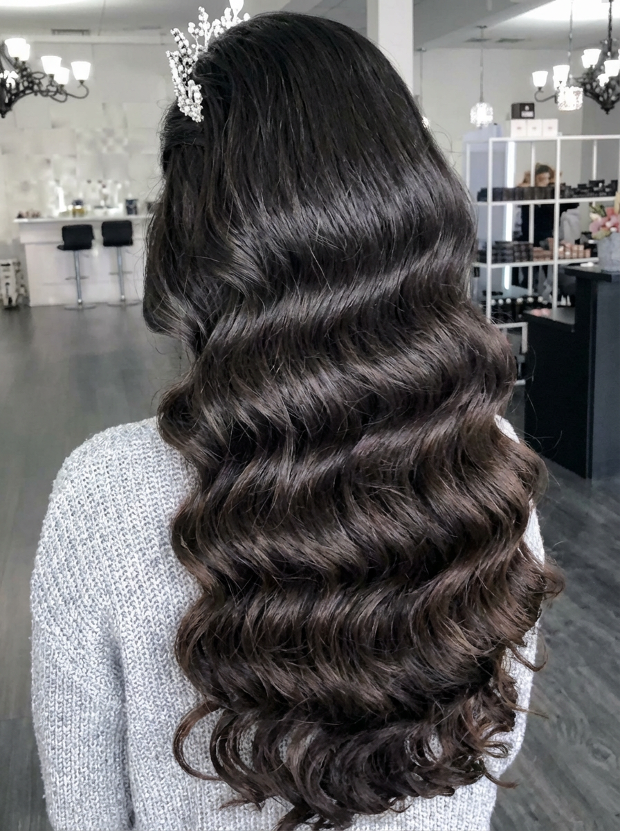 Back view of long Hollywood Waves with glossy S-shaped waves and pearl tiara, generated by blondefilter.net