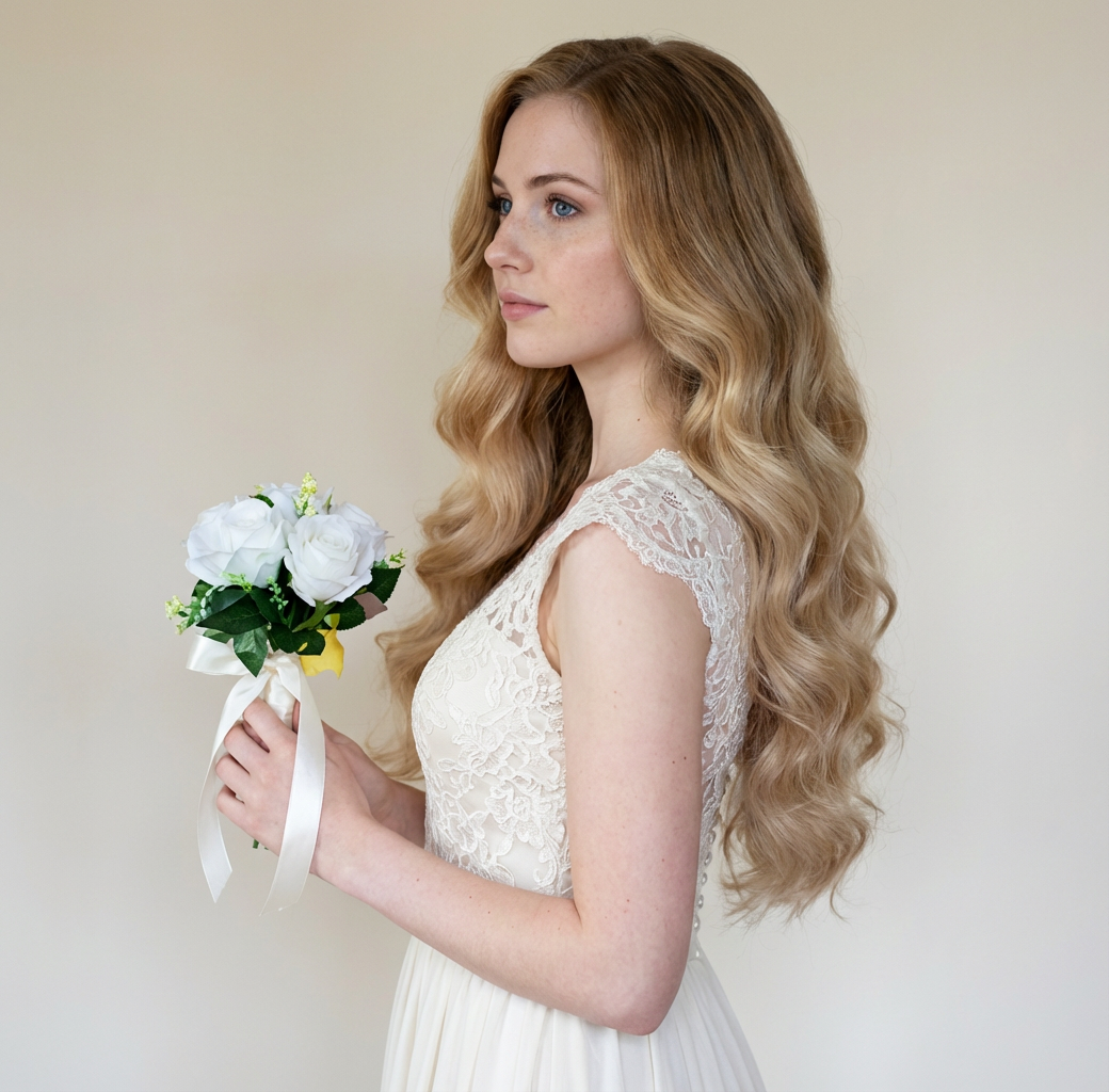 Bridal Hollywood Waves on blonde bride holding bouquet in profile, generated by blondefilter.net