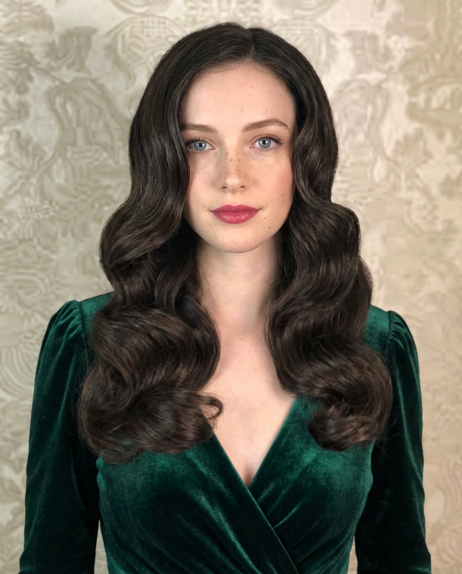 Front view of woman wearing classic center-part Hollywood Waves with velvet dress, generated by blondefilter.net
