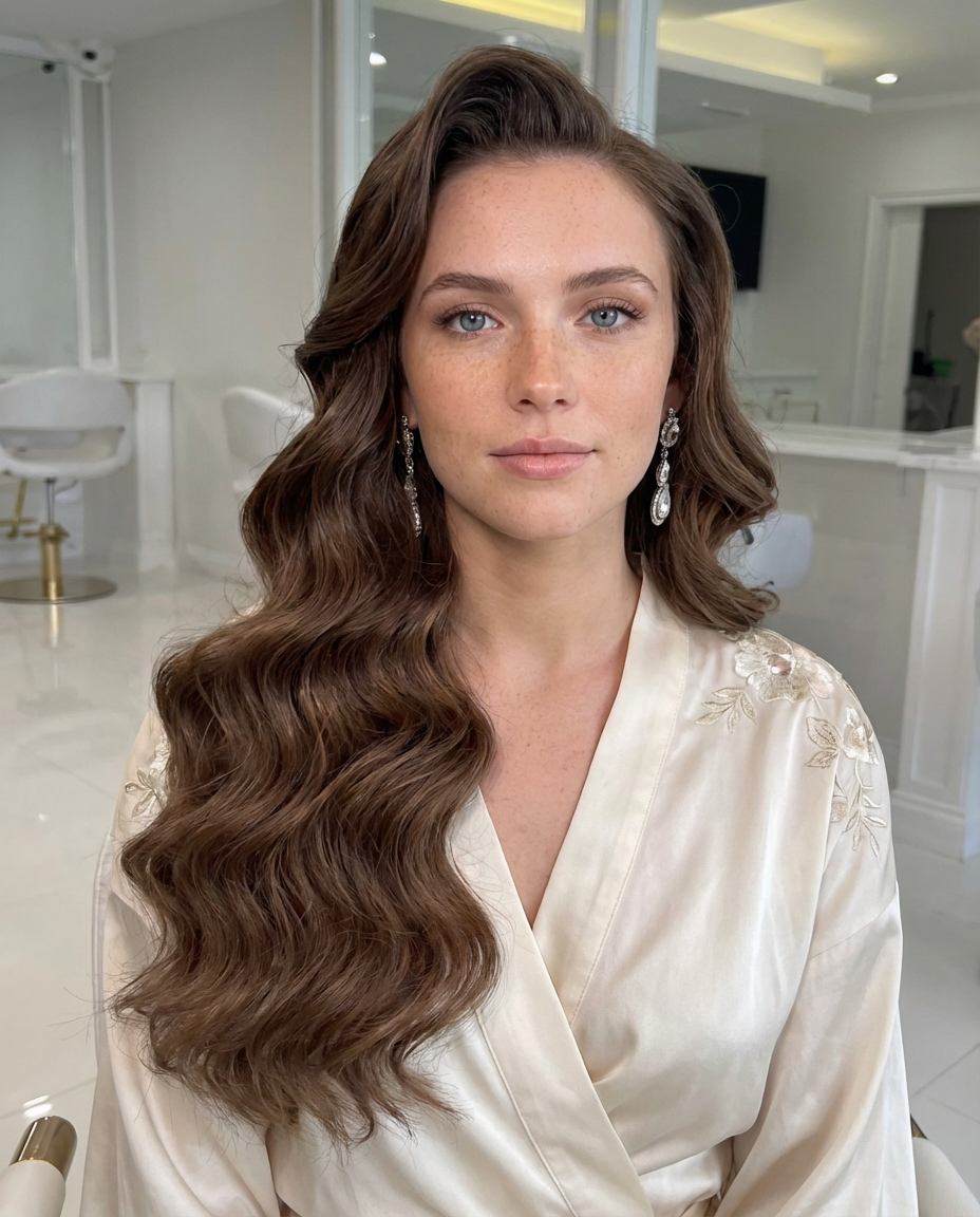 Glamorous Hollywood Waves with deep side part on woman in bridal robe, generated by blondefilter.net