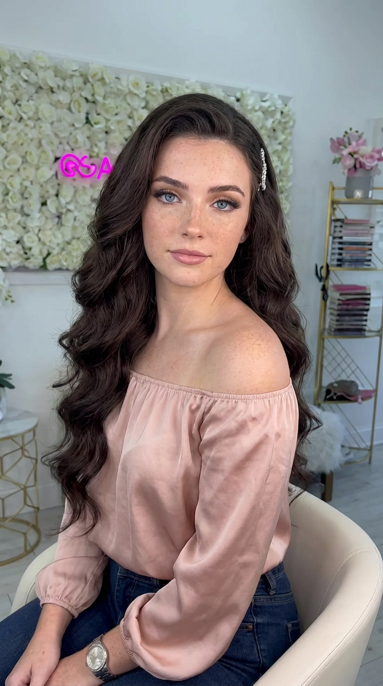 Soft side-part Hollywood Waves hairstyle on woman seated in salon, generated by blondefilter.net