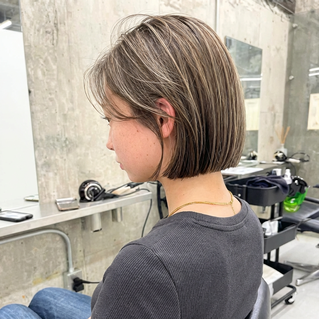 Side view of sleek blunt Japanese short bob with cool-toned highlights in a modern salon, generated by blondefilter.net