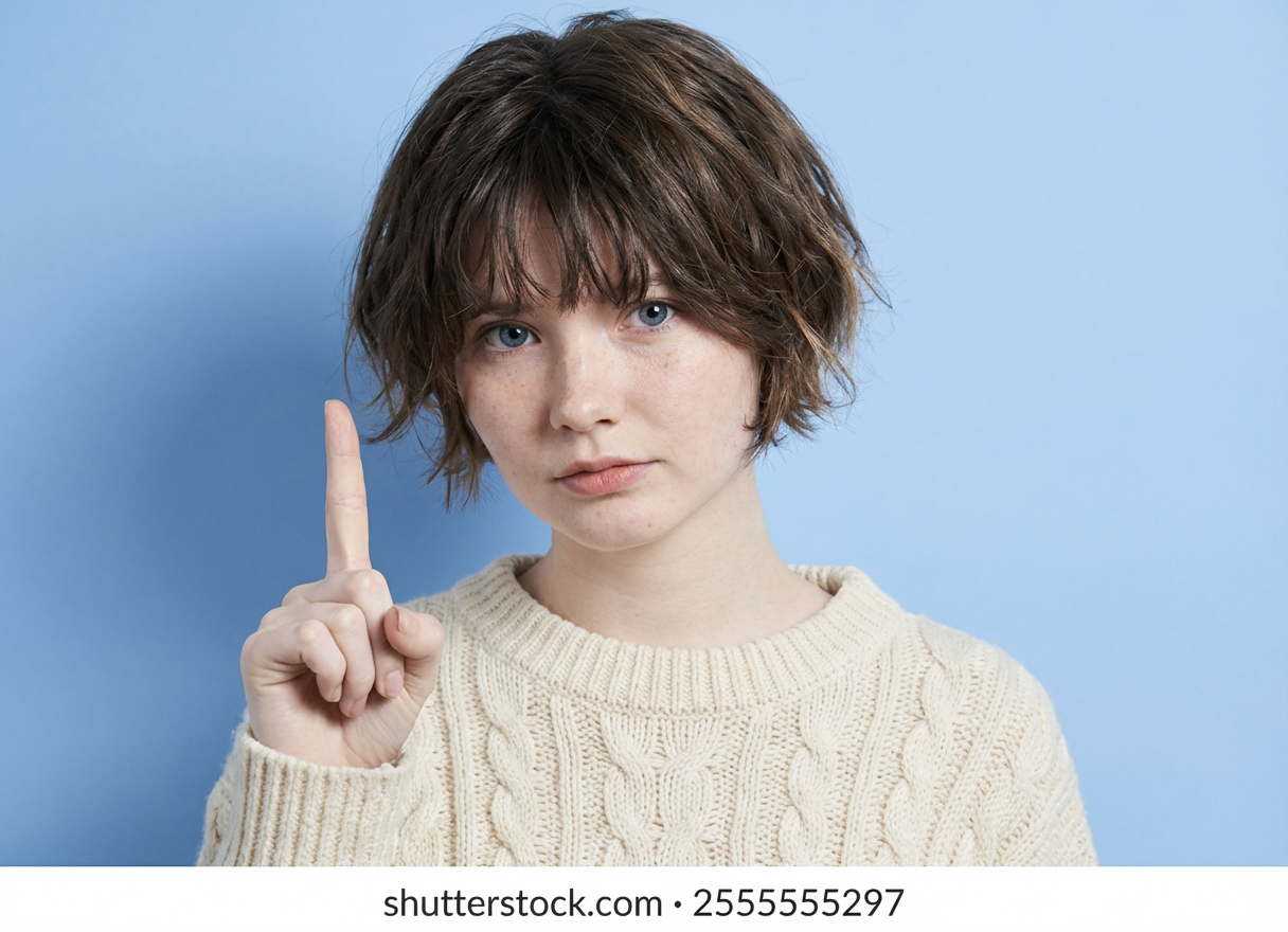Front view of woman with messy wavy Japanese short bob and choppy bangs against a blue background, generated by blondefilter.net