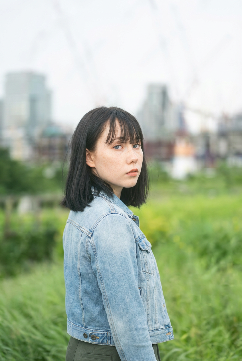 Side profile of woman with natural black Japanese short bob and soft wispy bangs in a green city park, generated by blondefilter.net