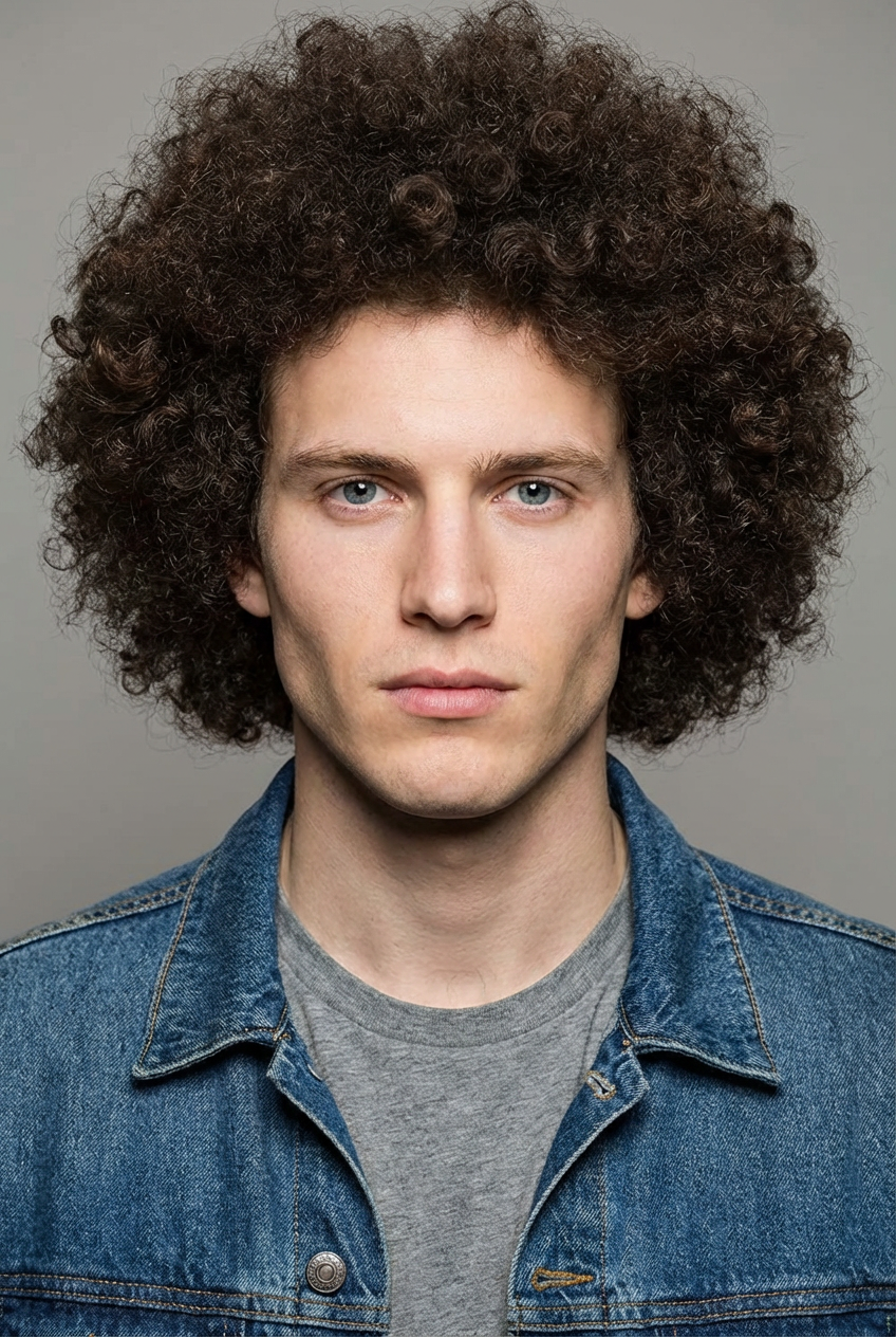 Studio close-up of man with full-volume Jewfro and defined ringlets under neutral light generated by blondefilter.net