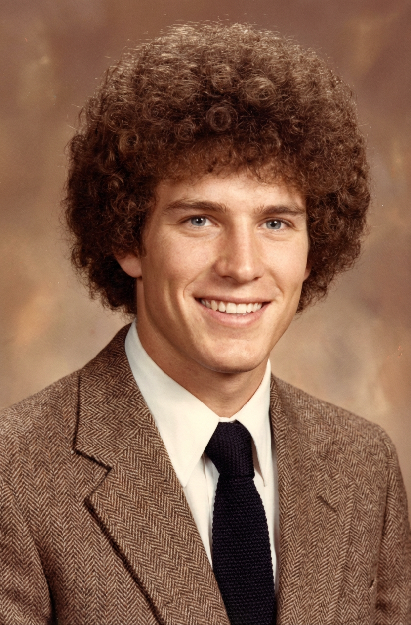 Vintage yearbook-style headshot of man with rounded Jewfro and suit-and-tie look generated by blondefilter.net