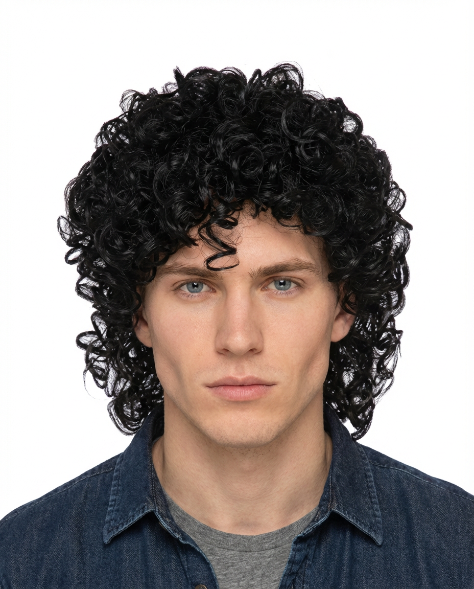 Studio front view of man wearing a classic medium-length Jheri curl hairstyle with a casual denim shirt generated by blondefilter.net