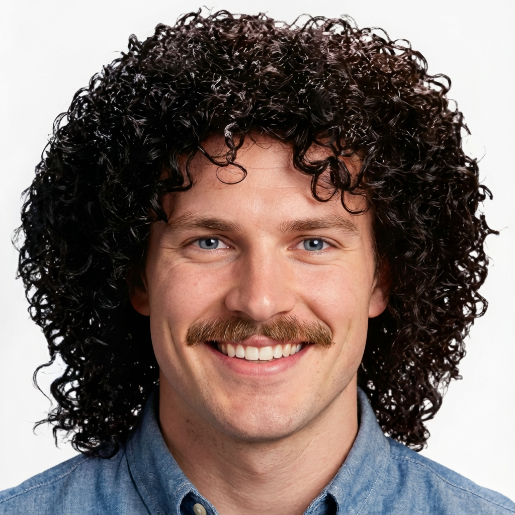 Smiling man with glossy Jheri curl mullet and mustache wearing a denim shirt in studio lighting generated by blondefilter.net