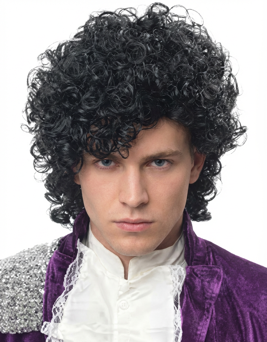 Prince-inspired costume portrait of man with voluminous glossy Jheri curl hairstyle in a purple jacket and ruffled shirt generated by blondefilter.net