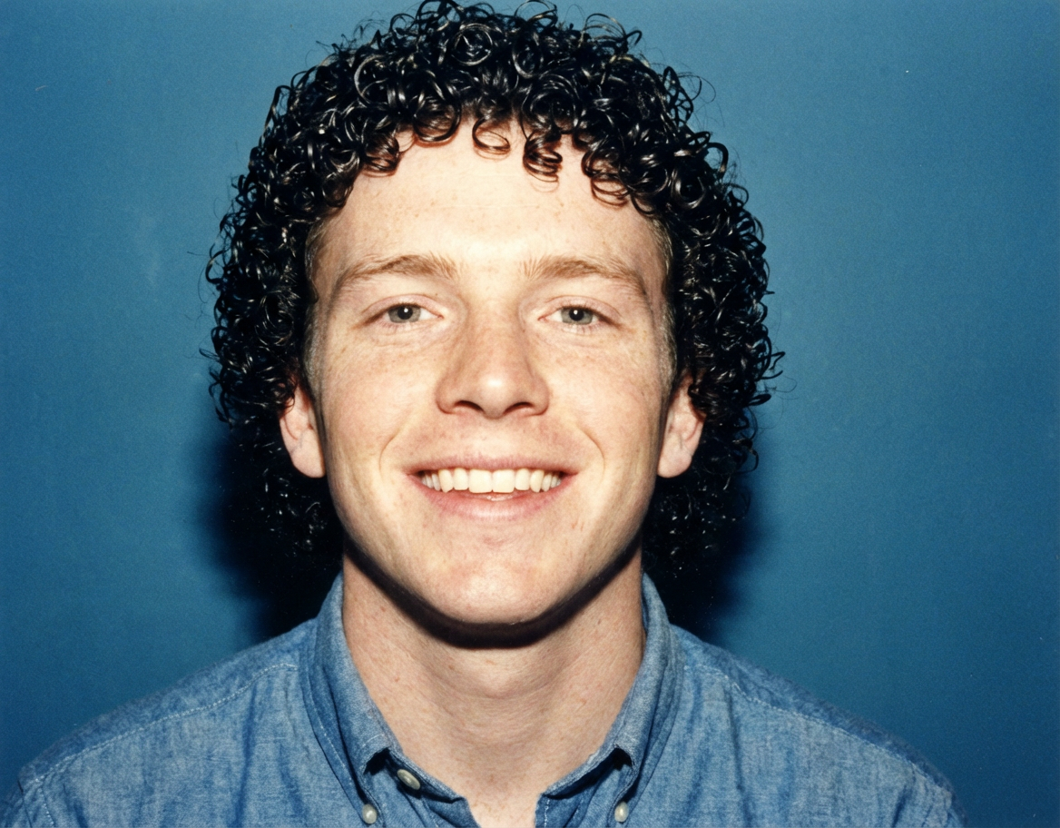 Retro front-facing portrait of man with short tight Jheri curls against a blue background wearing a denim shirt generated by blondefilter.net