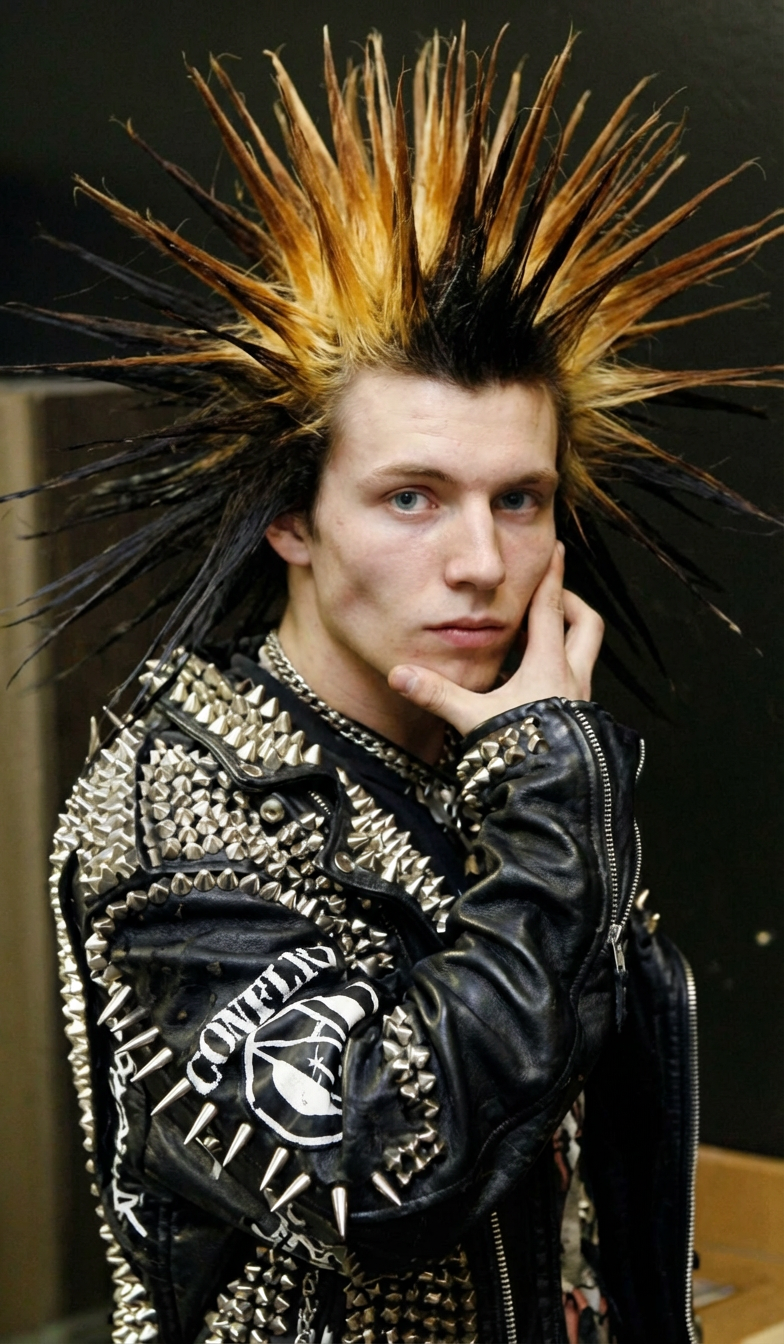 Studio portrait of man in studded leather jacket with tall black-and-amber liberty spikes generated by blondefilter.net