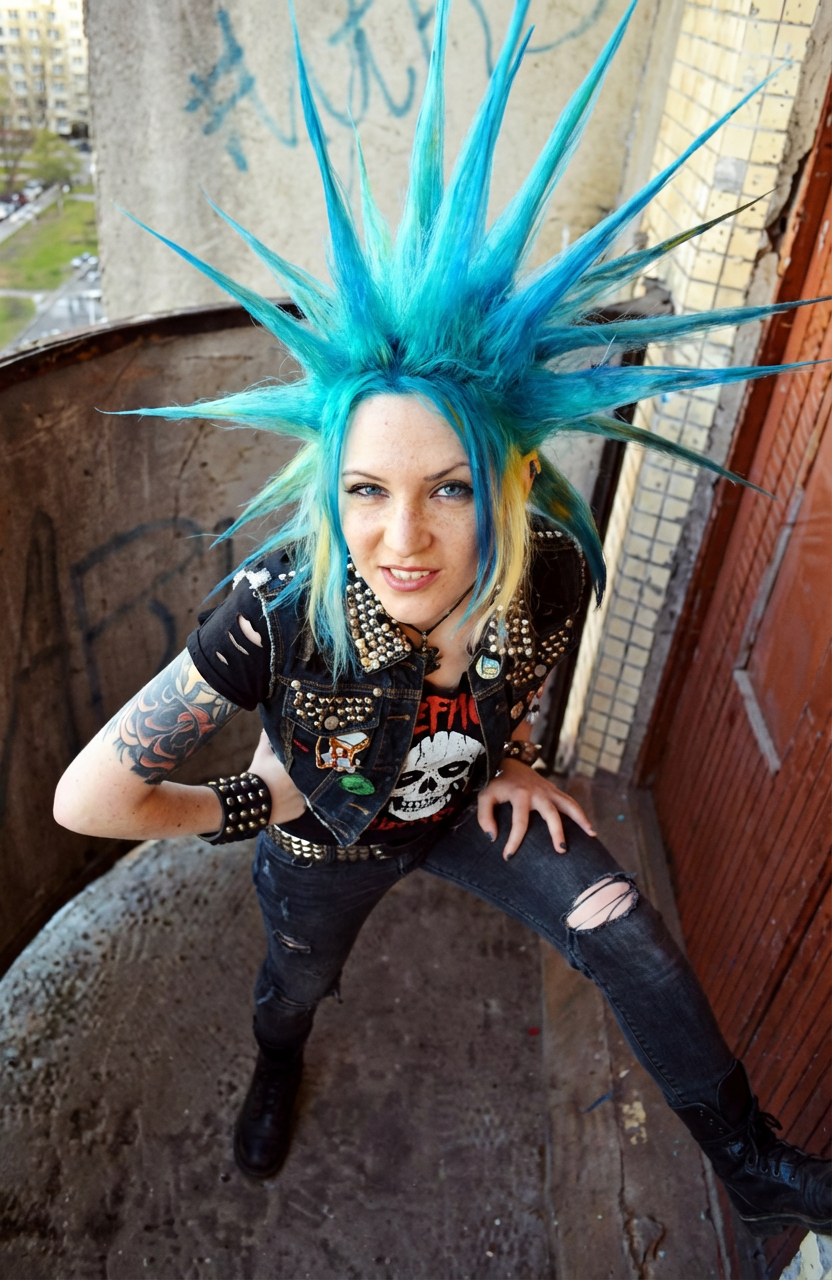Overhead portrait of punk model with sky-blue liberty spikes fanning out on a balcony generated by blondefilter.net