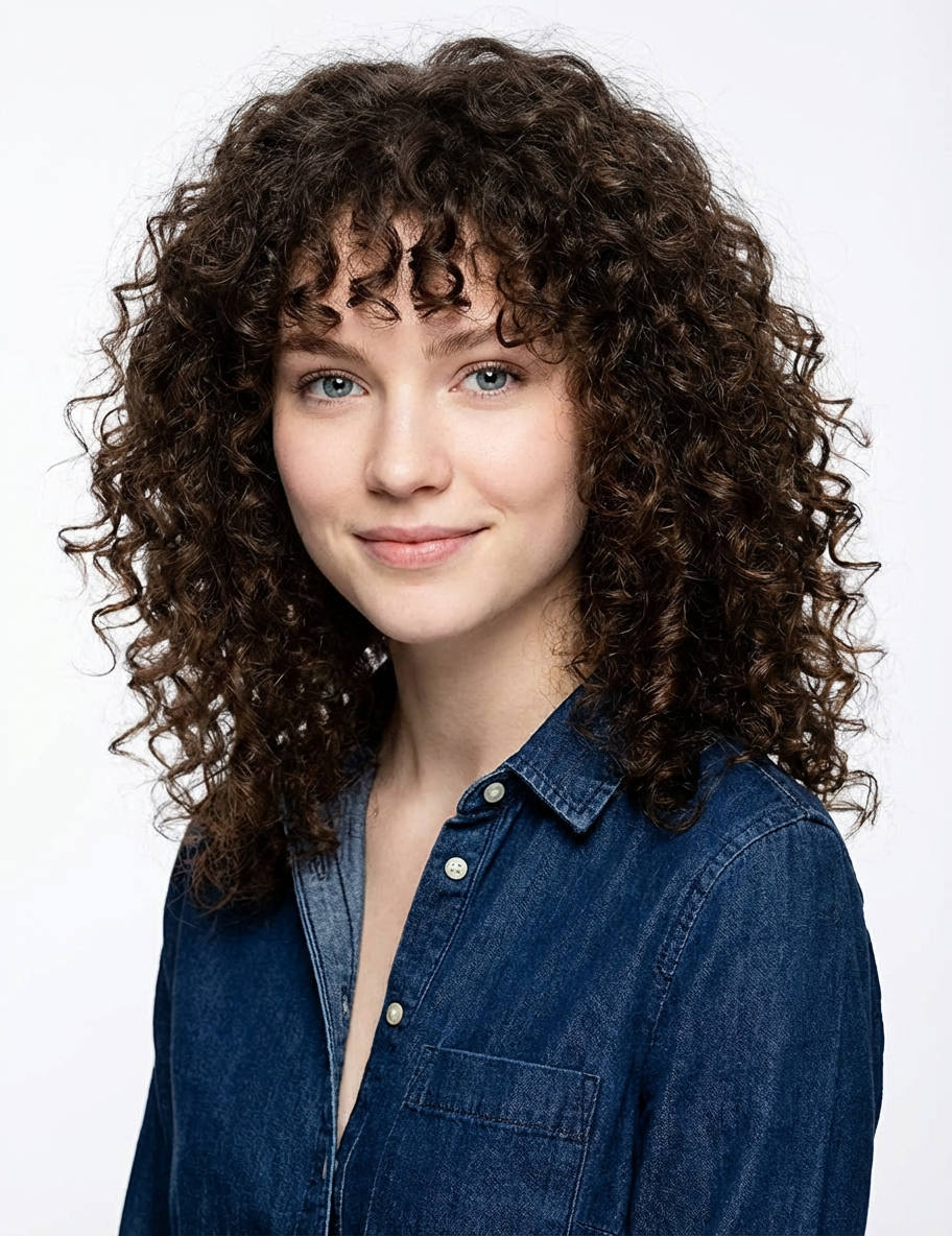 Model with medium-length curls and a curly fringe wearing a denim shirt in front of a light studio background, generated by blondefilter.net