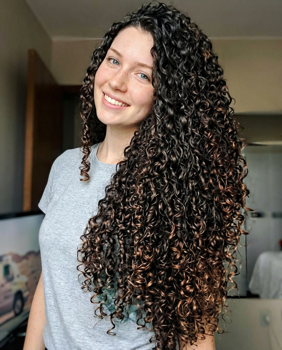 Model with very long defined dark curls cascading over one shoulder in a casual home setting, generated by blondefilter.net