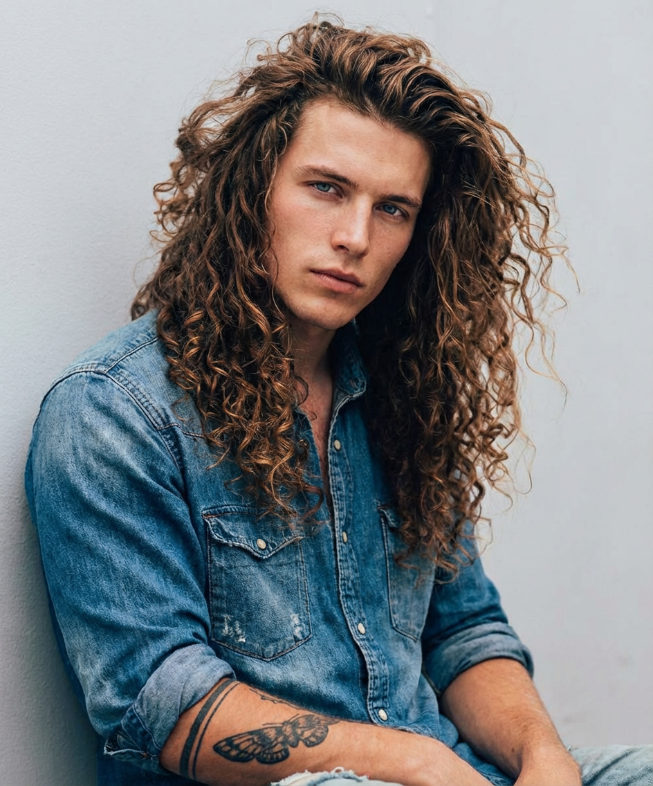 Man with long layered curls in a denim shirt sitting against a wall in natural daylight, generated by blondefilter.net