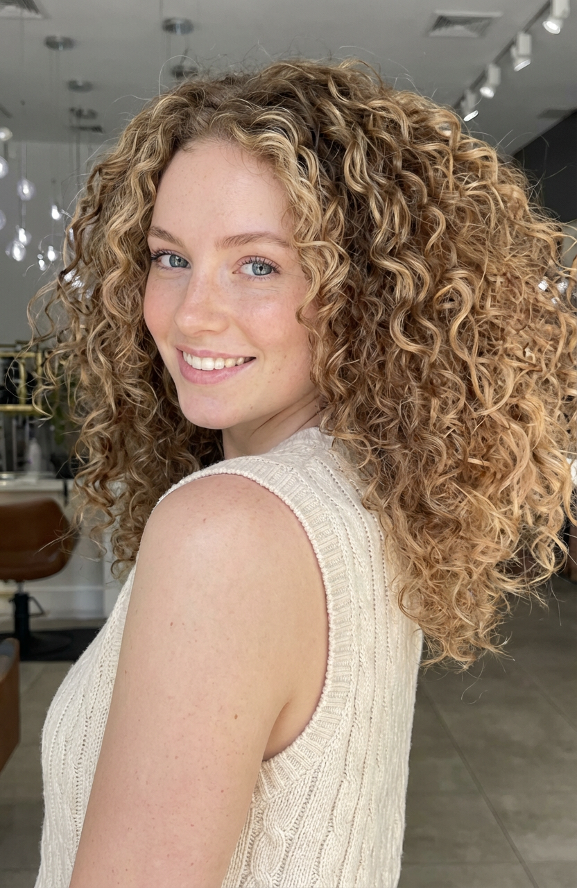 Model with voluminous golden blonde ringlets turned slightly to the side in a modern salon environment, generated by blondefilter.net
