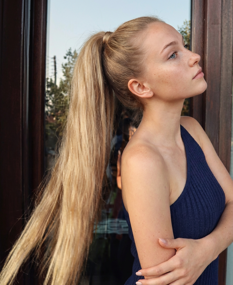 Outdoor side view of woman wearing a high natural blonde long ponytail with smooth crown and flowing length, generated by blondefilter.net