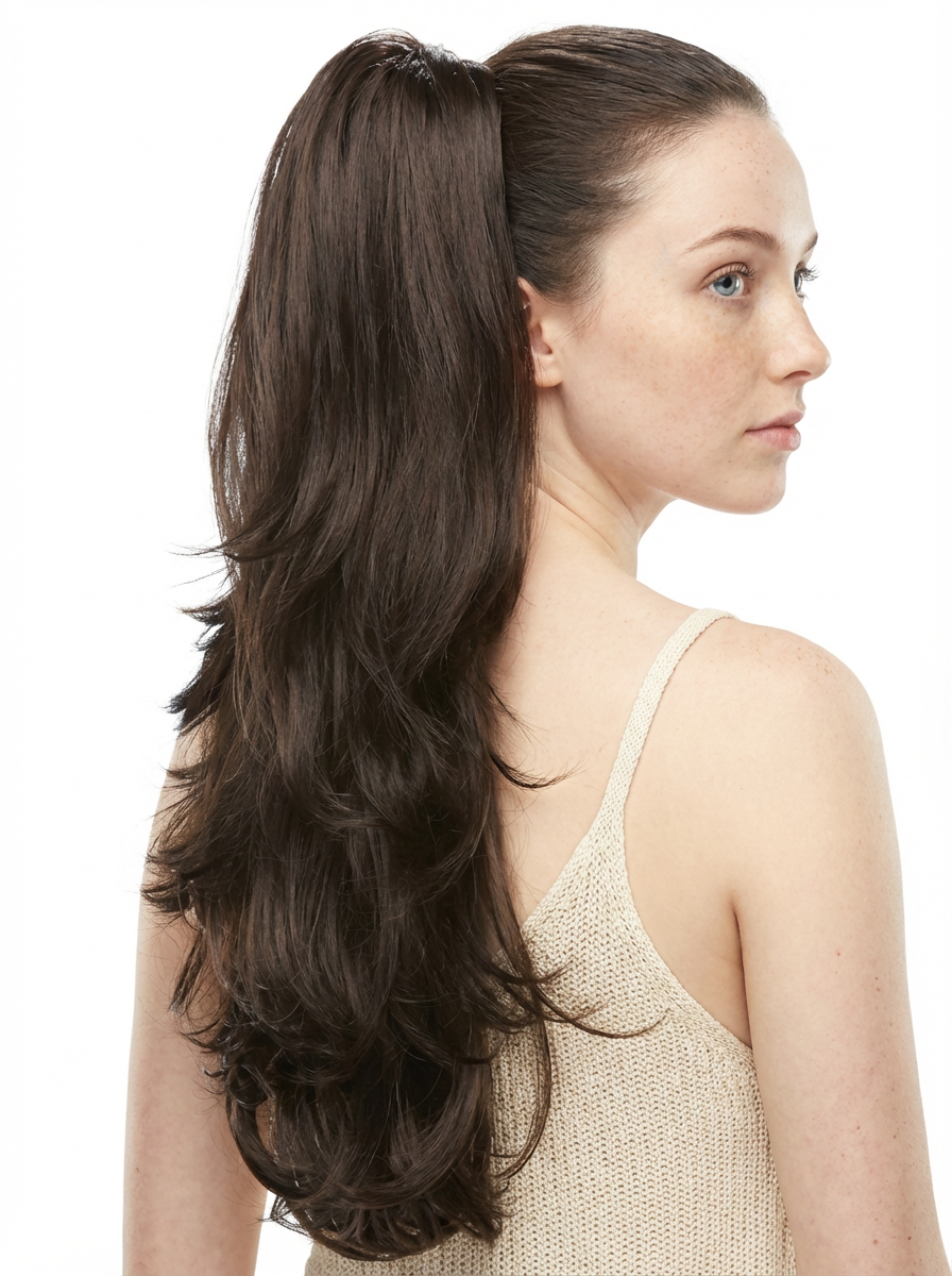 Rear three-quarter view of woman wearing a layered long ponytail with soft dark waves against a clean studio background, generated by blondefilter.net