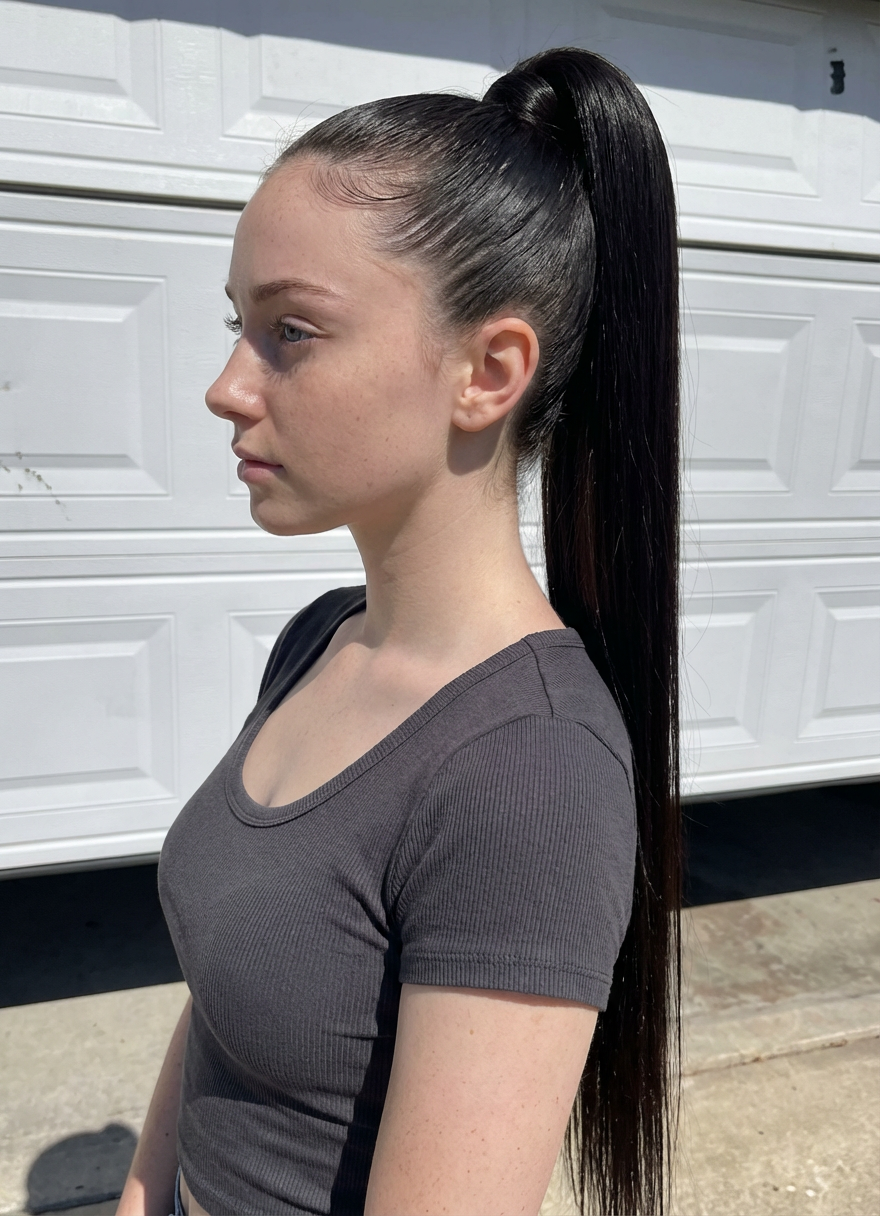Side profile of woman showing ultra sleek jet-black high long ponytail in bright daylight, generated by blondefilter.net