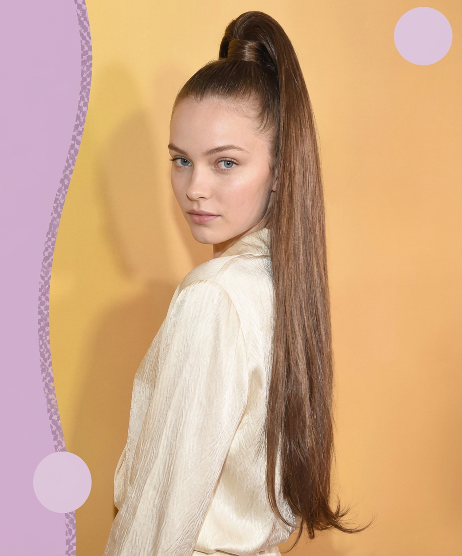 Studio three-quarter view of woman wearing ultra sleek high long ponytail with wrapped base against a warm backdrop, generated by blondefilter.net