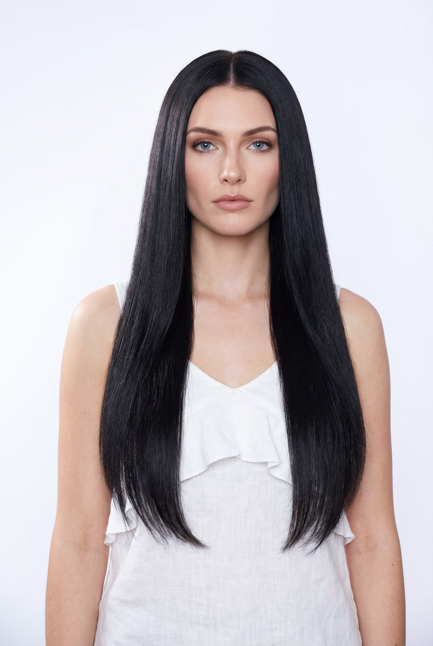 Studio front portrait of woman with waist-length jet-black straight hair and middle part generated by blondefilter.net