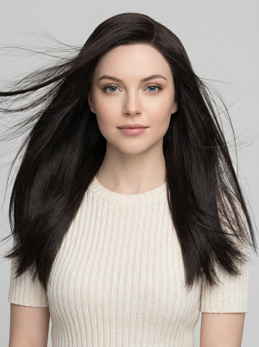 Studio front portrait of woman with long soft-layered straight hair moving in the air generated by blondefilter.net