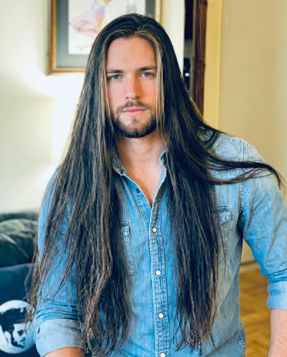 Casual indoor shot of person with ultra-long straight hair wearing a denim shirt generated by blondefilter.net