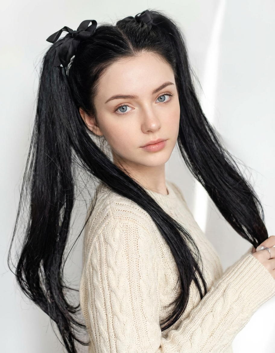 Woman with sleek high long twintails tied with black ribbons in bright natural light, generated by blondefilter.net