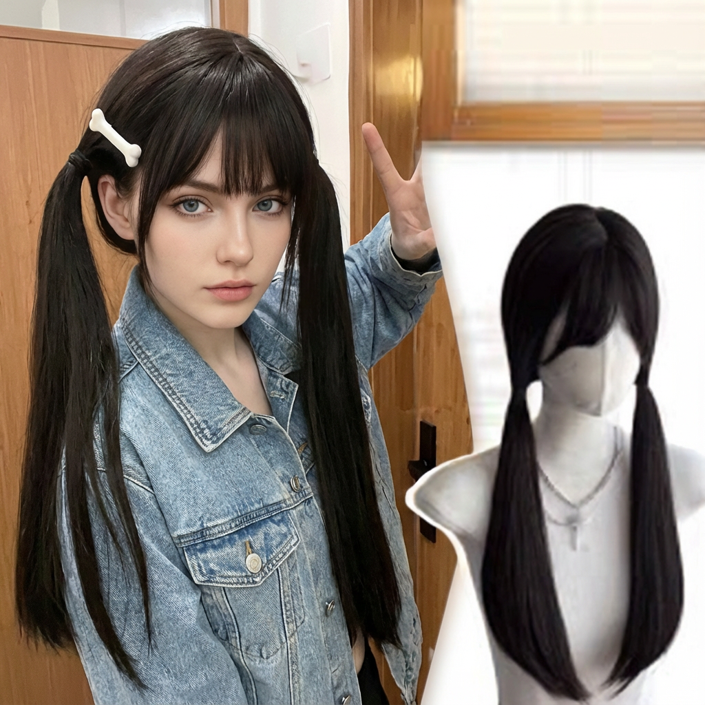 Side-by-side view of woman wearing long dark twintails and a matching mannequin wig, showing an anime-inspired look, generated by blondefilter.net